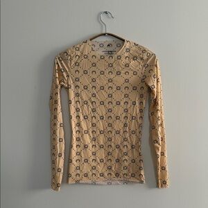 Marine Serre Beige Long Sleeve Crewneck Top with Black Crescent & Floral Print